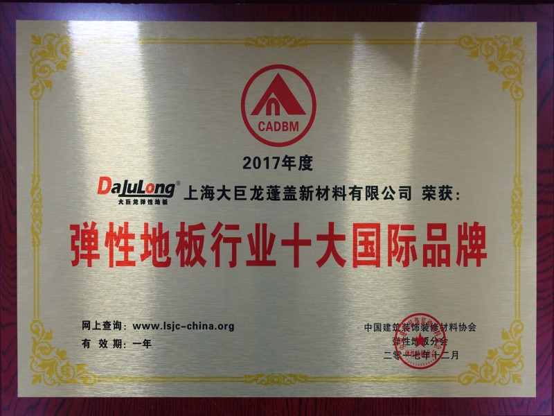 大巨龍地板榮獲2017年度彈性地板十大品牌